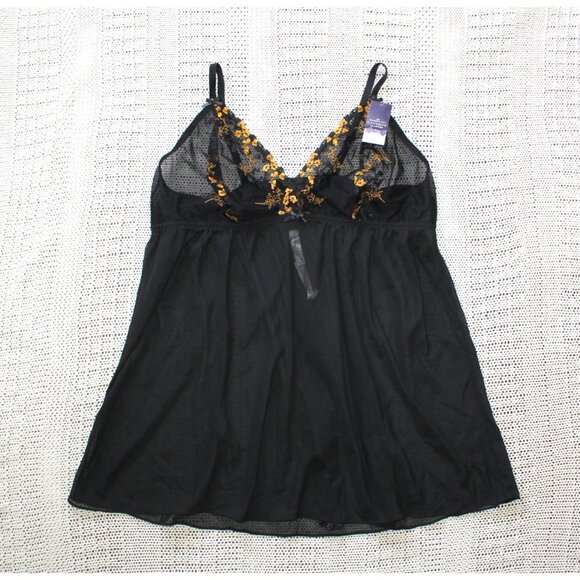 NWT Cacique Embroidered Black & Gold Babydoll 22/24Two Pieces Sheer Sexy Straps - Picture 6 of 11